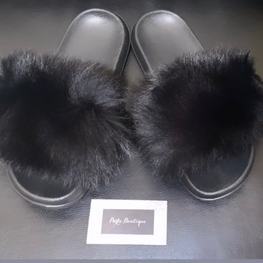 Black Faux Fur Slippers